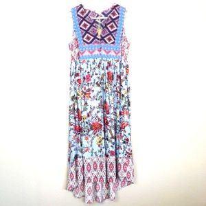 Umgee Mixed Media Floral Sleeveless High Low Maxi‎ Dress Sz L